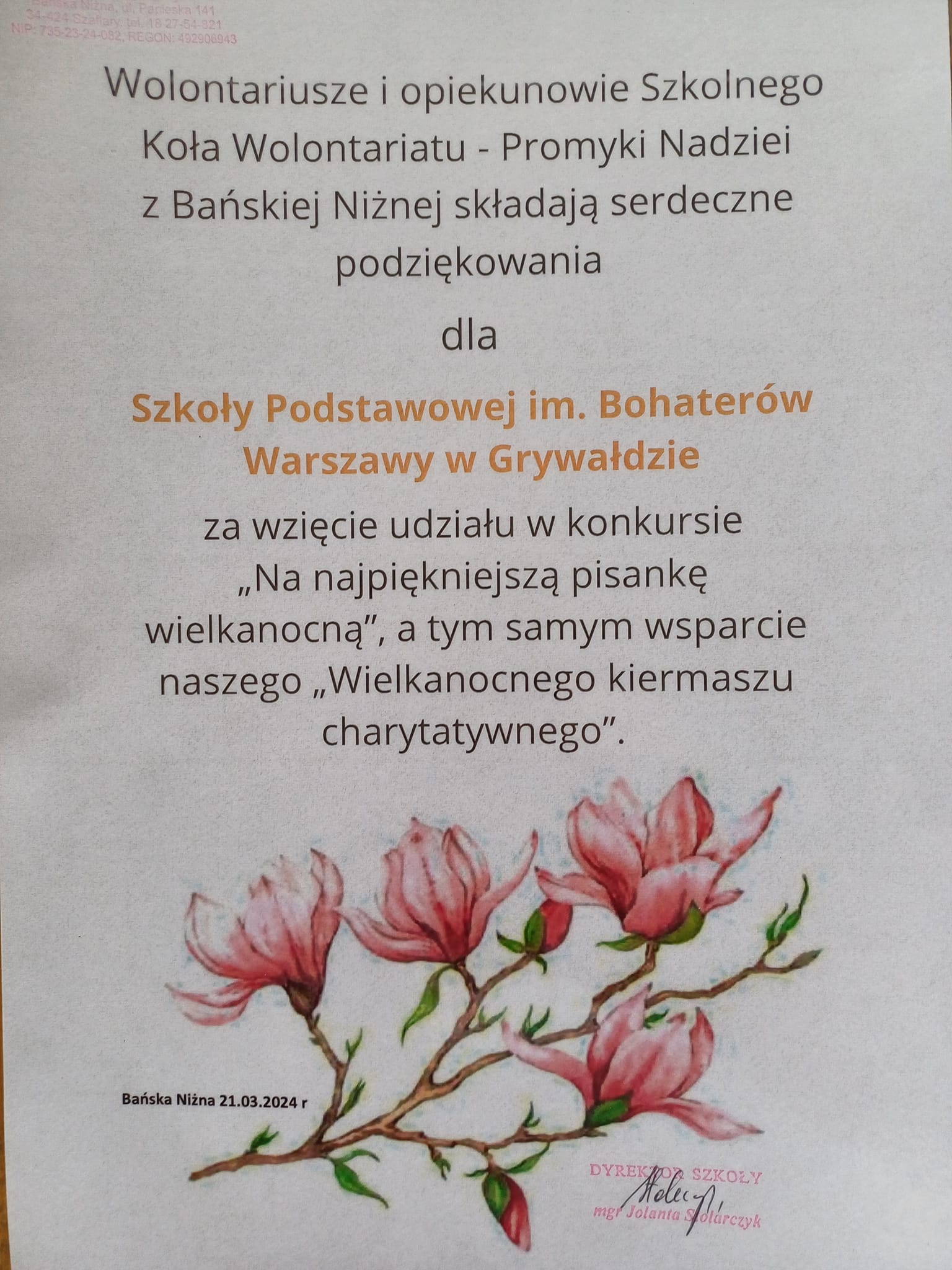 Podziękowania za udział w akcji charytatywnej